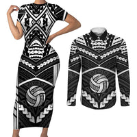 Custom Polynesia Beach Volleyball Couples Matching Short Sleeve Bodycon Dress and Long Sleeve Button Shirt Polynesian Tribal Pattern LT05 Black - Polynesian Pride