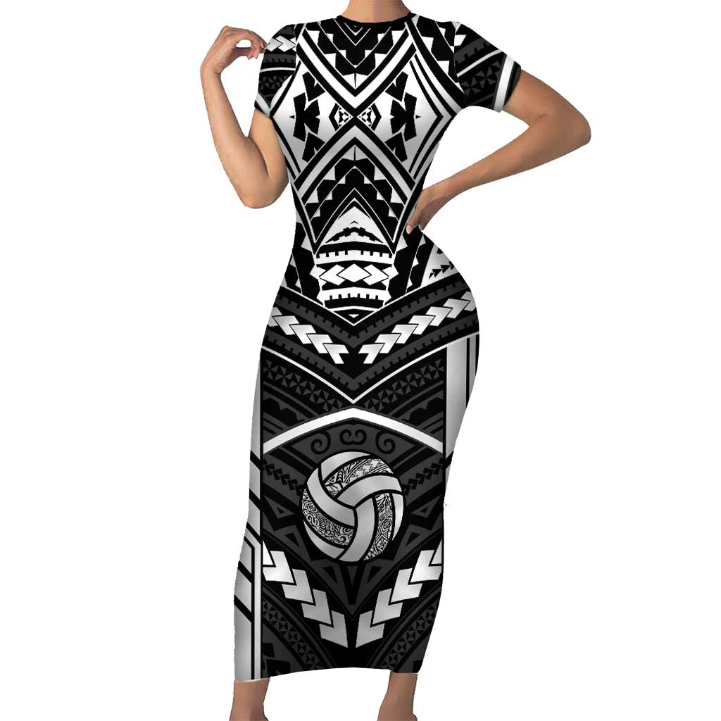 Custom Polynesia Beach Volleyball Family Matching Short Sleeve Bodycon Dress and Hawaiian Shirt Polynesian Tribal Pattern LT05 Mom's Dress Black - Polynesian Pride