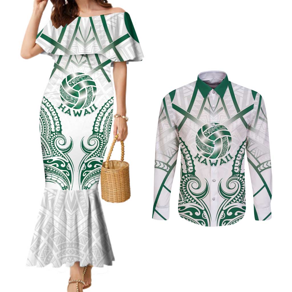 Custom Hawaii Volleyball Couples Matching Mermaid Dress and Long Sleeve Button Shirt Polynesian Pattern LT05 Teal - Polynesian Pride