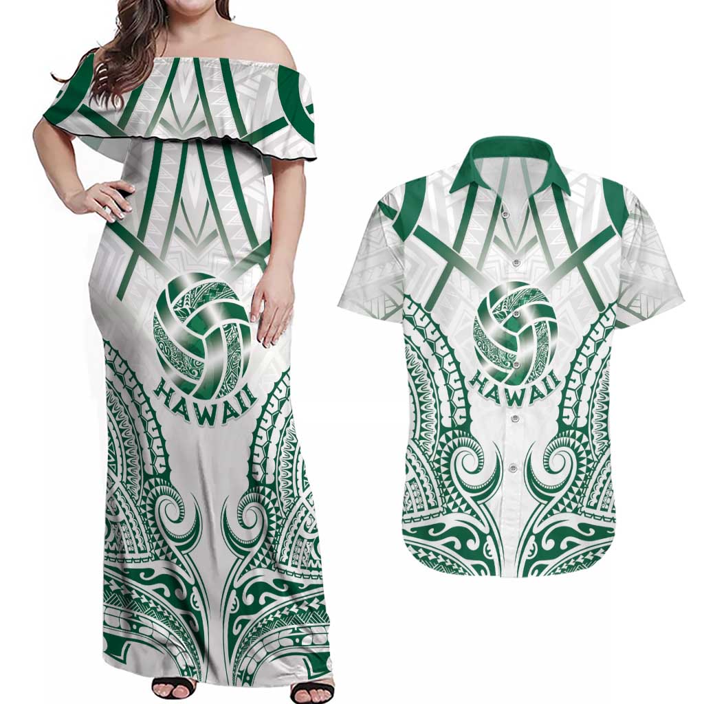 Custom Hawaii Volleyball Couples Matching Off Shoulder Maxi Dress and Hawaiian Shirt Polynesian Pattern LT05 Teal - Polynesian Pride