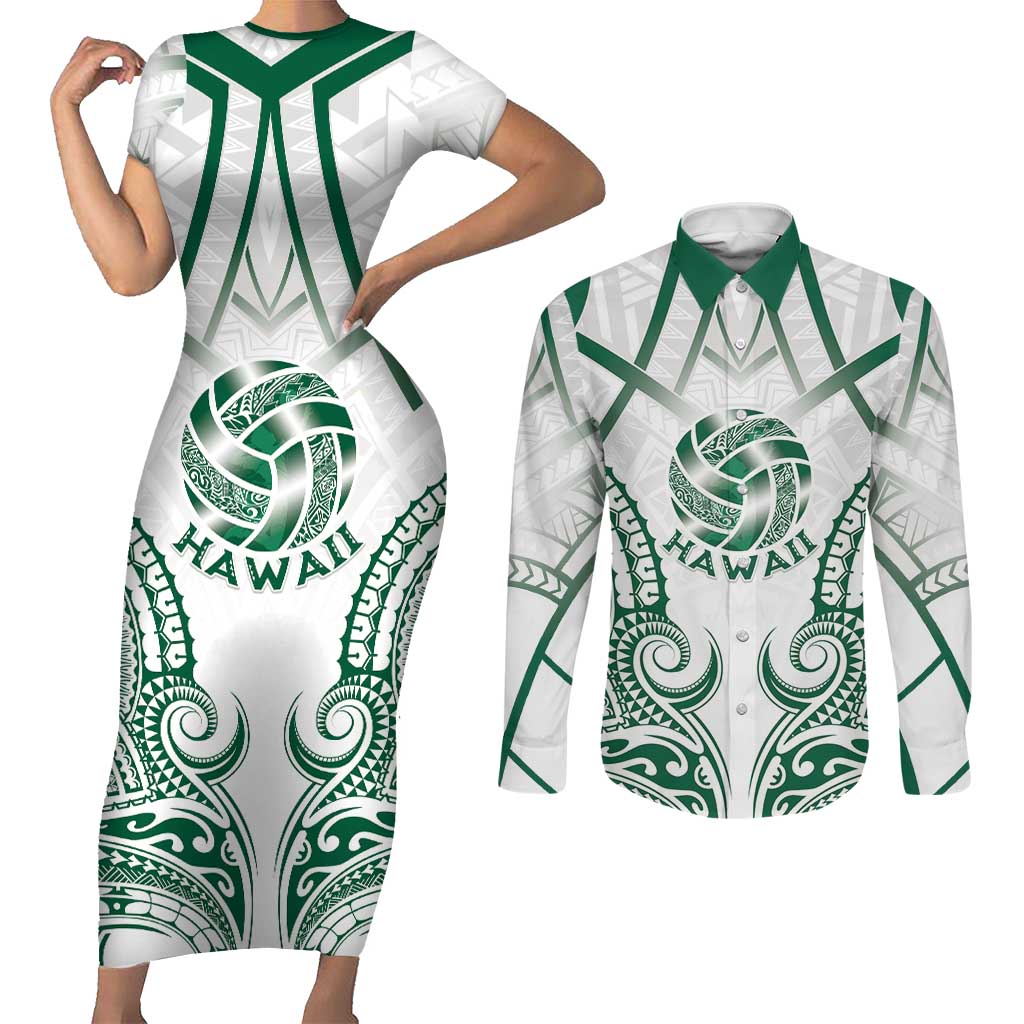 Custom Hawaii Volleyball Couples Matching Short Sleeve Bodycon Dress and Long Sleeve Button Shirt Polynesian Pattern - Polynesian Pride