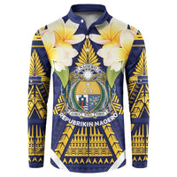 Personalised Nauru Independence Day Button Sweatshirt Coat Of Arms With Plumeria LT05 Navy - Polynesian Pride