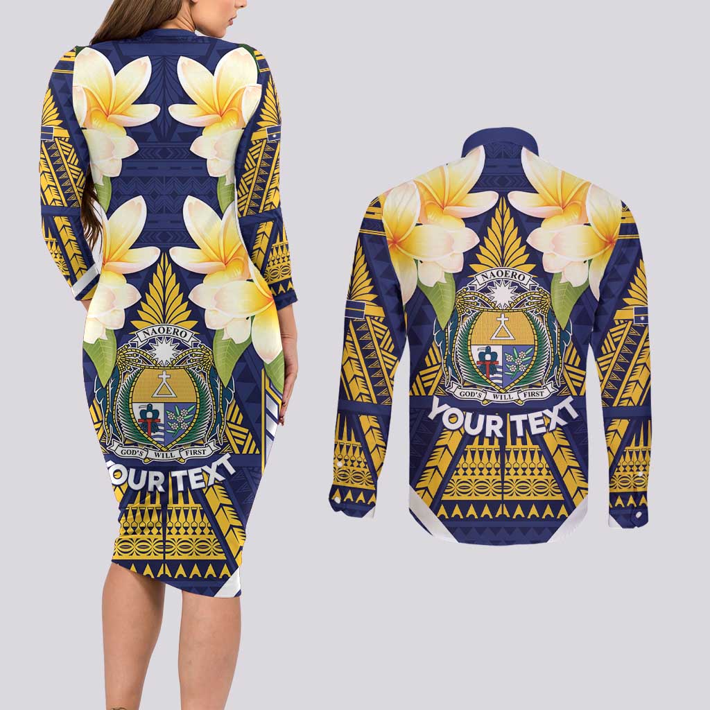 Personalised Nauru Independence Day Couples Matching Long Sleeve Bodycon Dress and Long Sleeve Button Shirt Coat Of Arms With Plumeria - Polynesian Pride