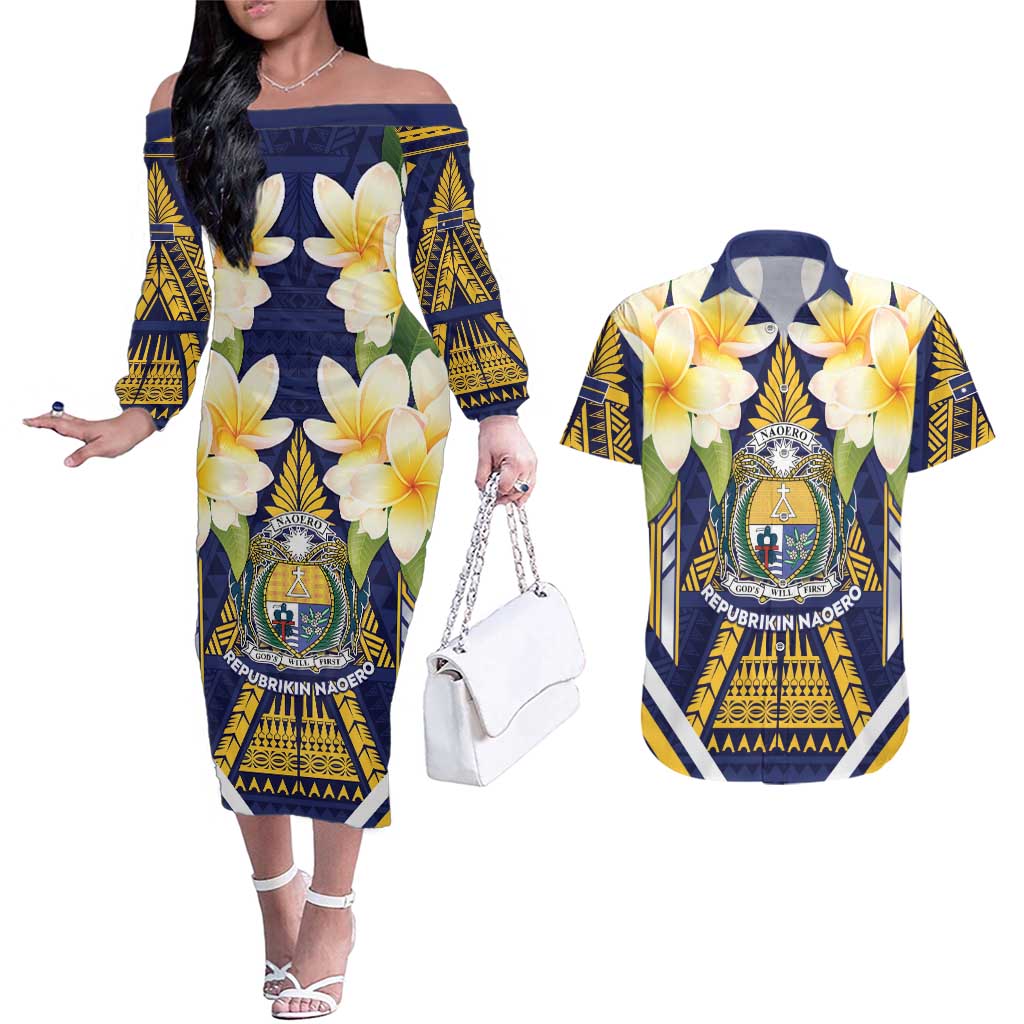 Personalised Nauru Independence Day Couples Matching Off The Shoulder Long Sleeve Dress and Hawaiian Shirt Coat Of Arms With Plumeria - Polynesian Pride