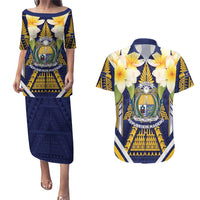Personalised Nauru Independence Day Couples Matching Puletasi and Hawaiian Shirt Coat Of Arms With Plumeria LT05 Navy - Polynesian Pride