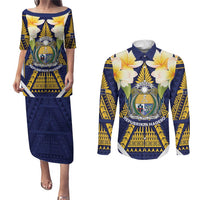 Personalised Nauru Independence Day Couples Matching Puletasi and Long Sleeve Button Shirt Coat Of Arms With Plumeria LT05 Navy - Polynesian Pride