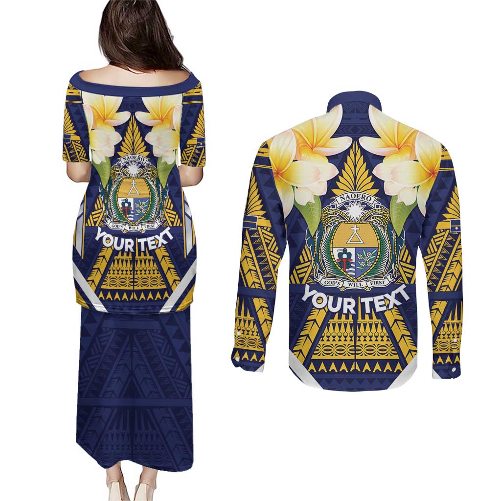Personalised Nauru Independence Day Couples Matching Puletasi and Long Sleeve Button Shirt Coat Of Arms With Plumeria LT05 - Polynesian Pride