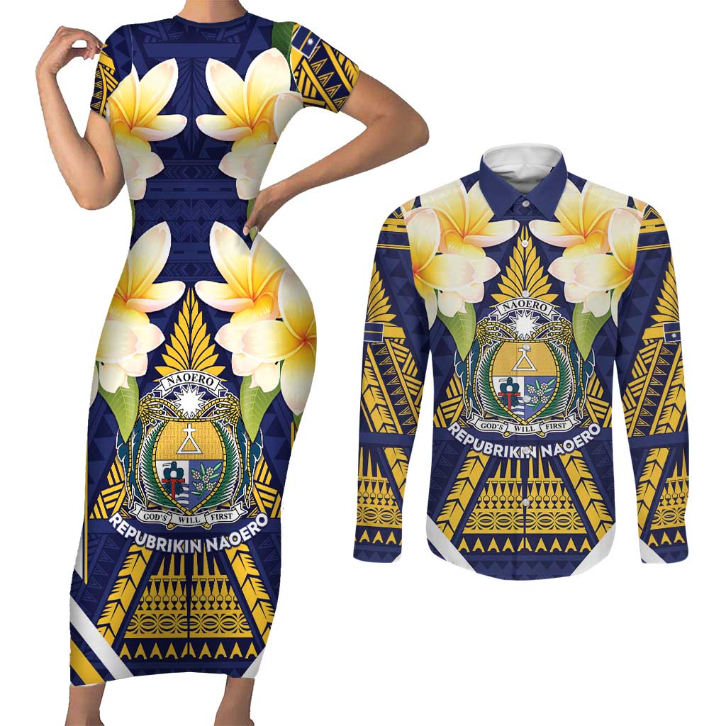 Personalised Nauru Independence Day Couples Matching Short Sleeve Bodycon Dress and Long Sleeve Button Shirt Coat Of Arms With Plumeria - Polynesian Pride