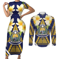 Personalised Nauru Independence Day Couples Matching Short Sleeve Bodycon Dress and Long Sleeve Button Shirt Coat Of Arms With Plumeria - Polynesian Pride