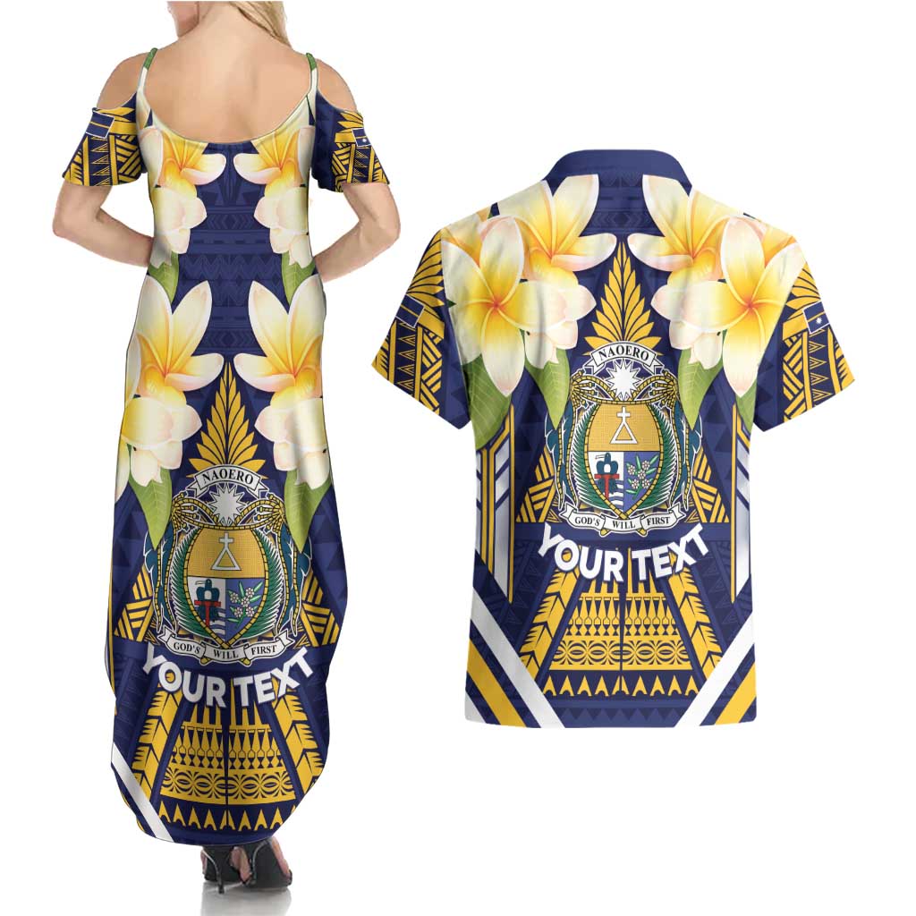 Personalised Nauru Independence Day Couples Matching Summer Maxi Dress and Hawaiian Shirt Coat Of Arms With Plumeria - Polynesian Pride
