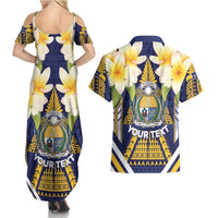 Personalised Nauru Independence Day Couples Matching Summer Maxi Dress and Hawaiian Shirt Coat Of Arms With Plumeria - Polynesian Pride