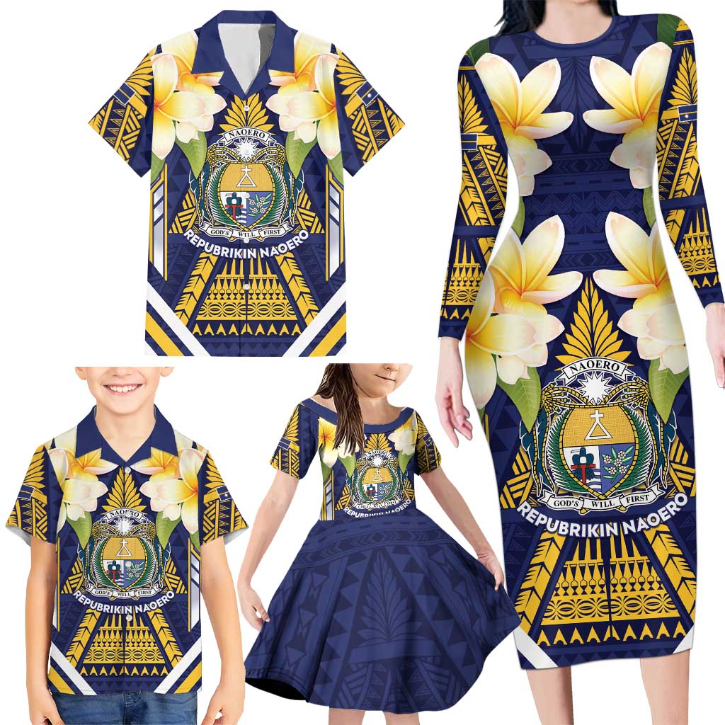Personalised Nauru Independence Day Family Matching Long Sleeve Bodycon Dress and Hawaiian Shirt Coat Of Arms With Plumeria - Polynesian Pride
