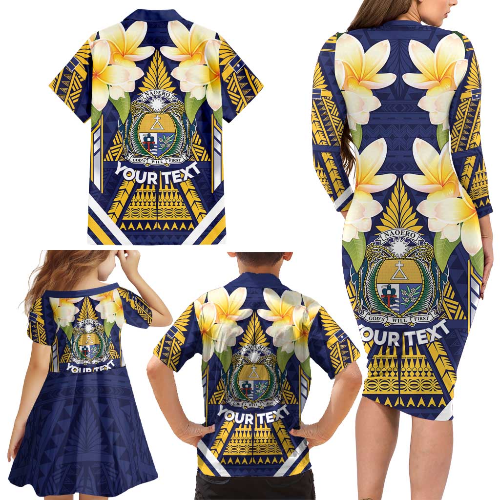 Personalised Nauru Independence Day Family Matching Long Sleeve Bodycon Dress and Hawaiian Shirt Coat Of Arms With Plumeria - Polynesian Pride
