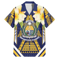 Personalised Nauru Independence Day Family Matching Long Sleeve Bodycon Dress and Hawaiian Shirt Coat Of Arms With Plumeria - Polynesian Pride