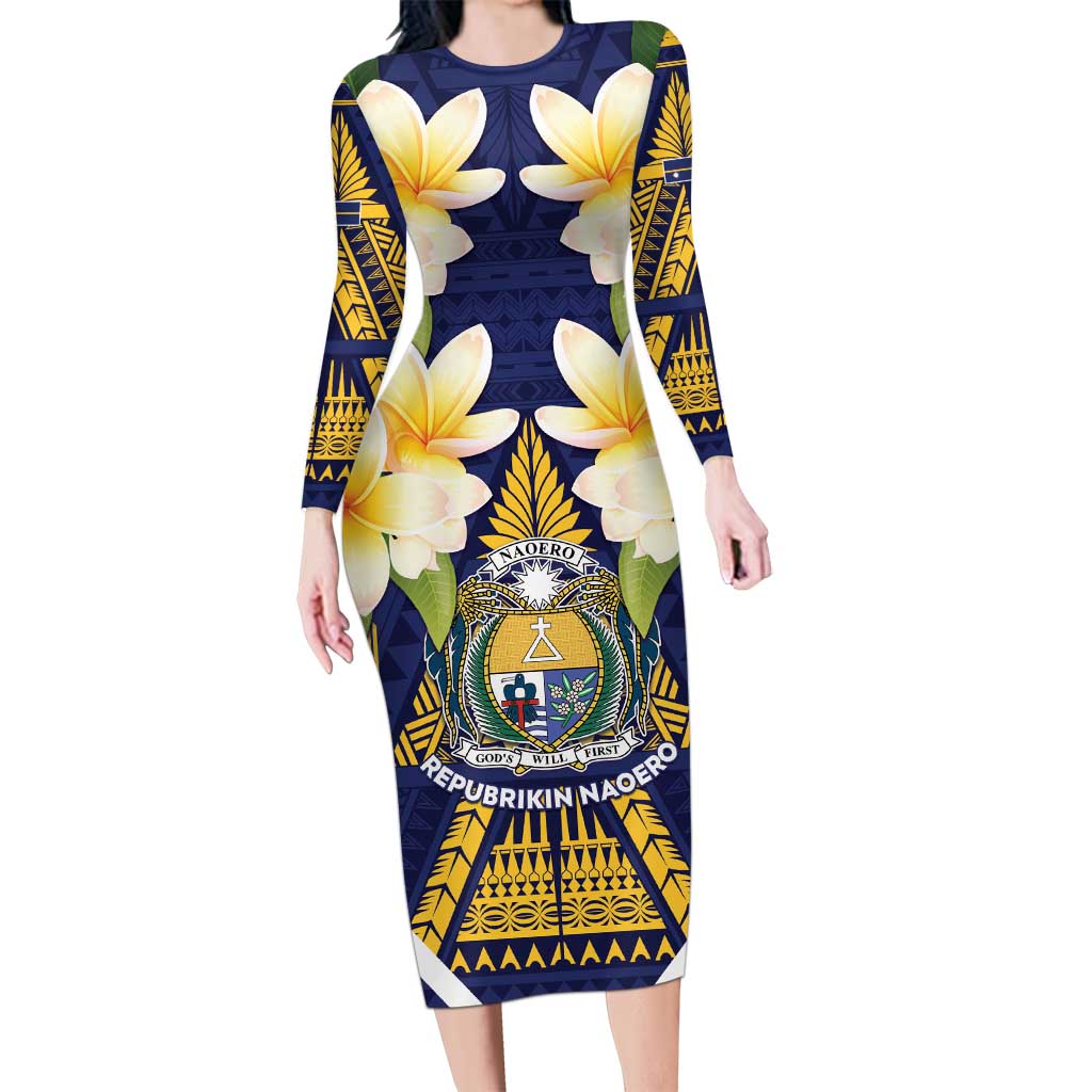Personalised Nauru Independence Day Family Matching Long Sleeve Bodycon Dress and Hawaiian Shirt Coat Of Arms With Plumeria - Polynesian Pride