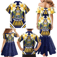 Personalised Nauru Independence Day Family Matching Mermaid Dress and Hawaiian Shirt Coat Of Arms With Plumeria - Polynesian Pride