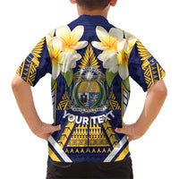 Personalised Nauru Independence Day Family Matching Off The Shoulder Long Sleeve Dress and Hawaiian Shirt Coat Of Arms With Plumeria - Polynesian Pride