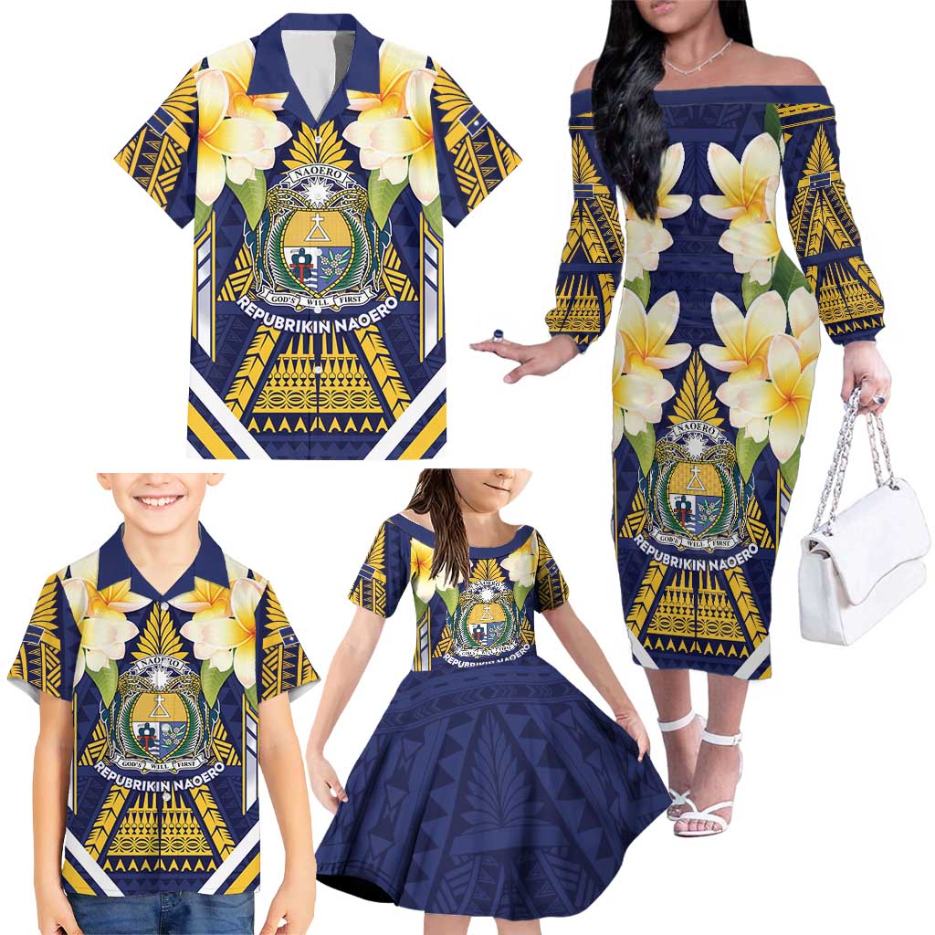 Personalised Nauru Independence Day Family Matching Off The Shoulder Long Sleeve Dress and Hawaiian Shirt Coat Of Arms With Plumeria - Polynesian Pride