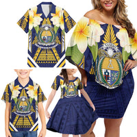 Personalised Nauru Independence Day Family Matching Off Shoulder Short Dress and Hawaiian Shirt Coat Of Arms With Plumeria - Polynesian Pride