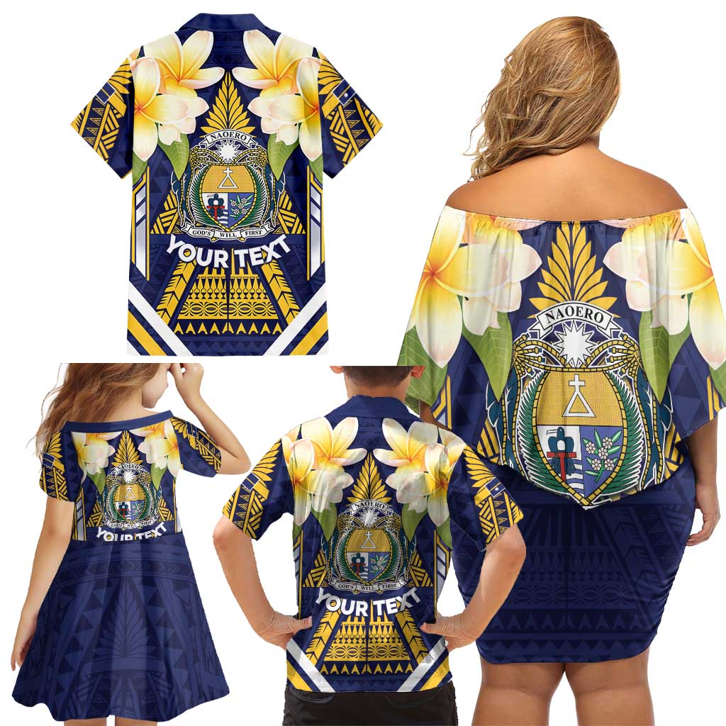 Personalised Nauru Independence Day Family Matching Off Shoulder Short Dress and Hawaiian Shirt Coat Of Arms With Plumeria - Polynesian Pride