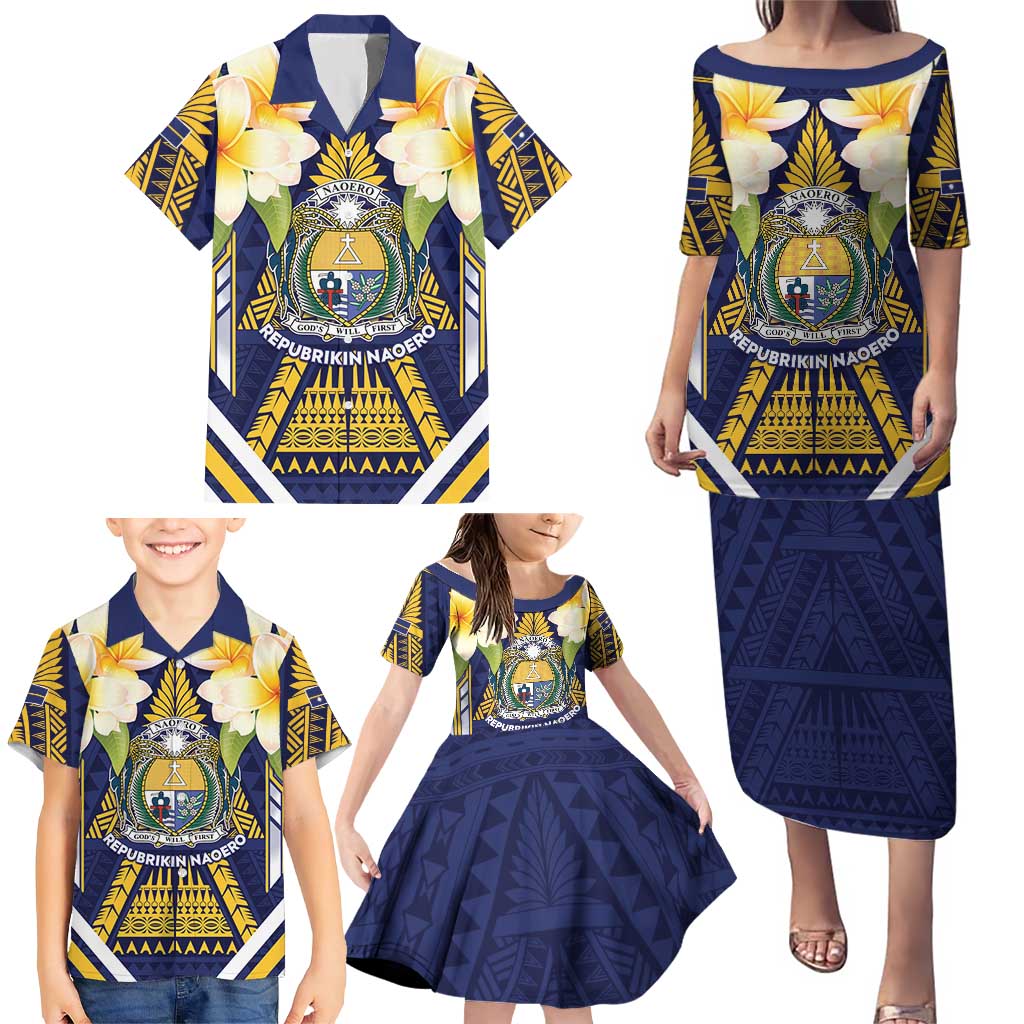 Personalised Nauru Independence Day Family Matching Puletasi and Hawaiian Shirt Coat Of Arms With Plumeria - Polynesian Pride