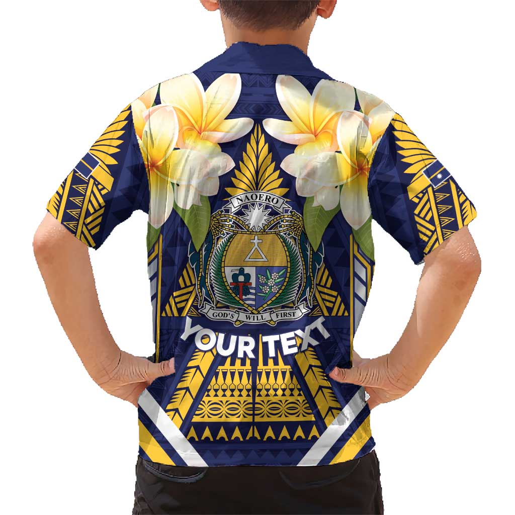 Personalised Nauru Independence Day Family Matching Short Sleeve Bodycon Dress and Hawaiian Shirt Coat Of Arms With Plumeria - Polynesian Pride