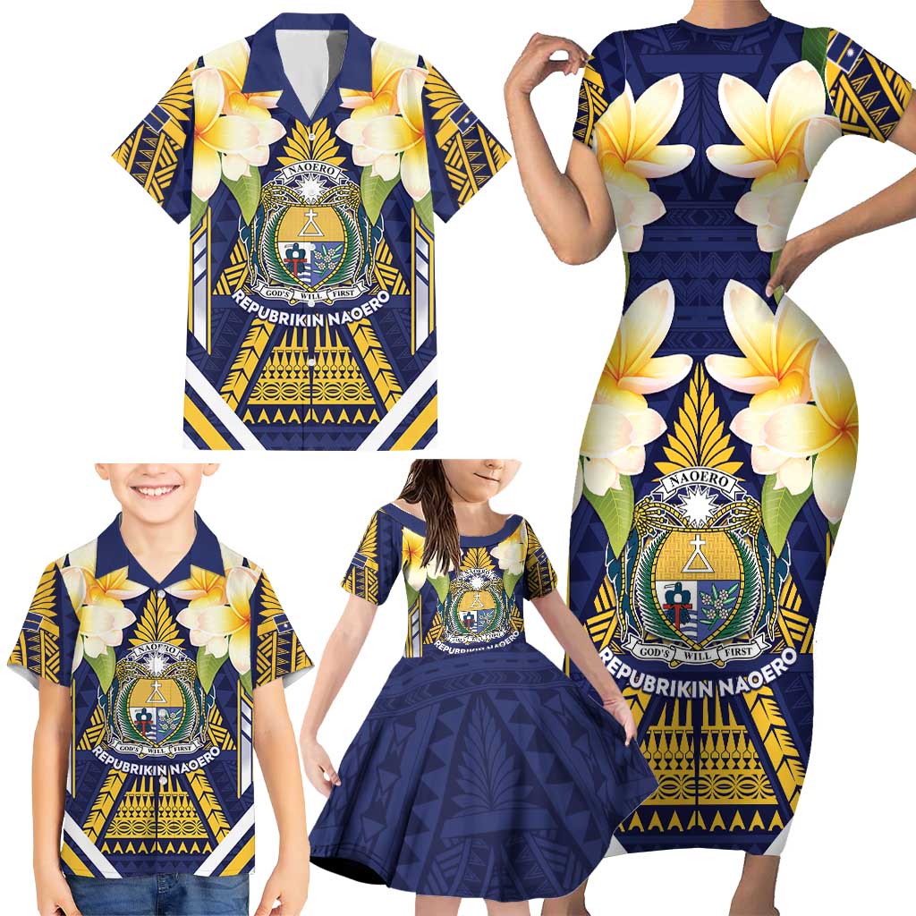 Personalised Nauru Independence Day Family Matching Short Sleeve Bodycon Dress and Hawaiian Shirt Coat Of Arms With Plumeria - Polynesian Pride