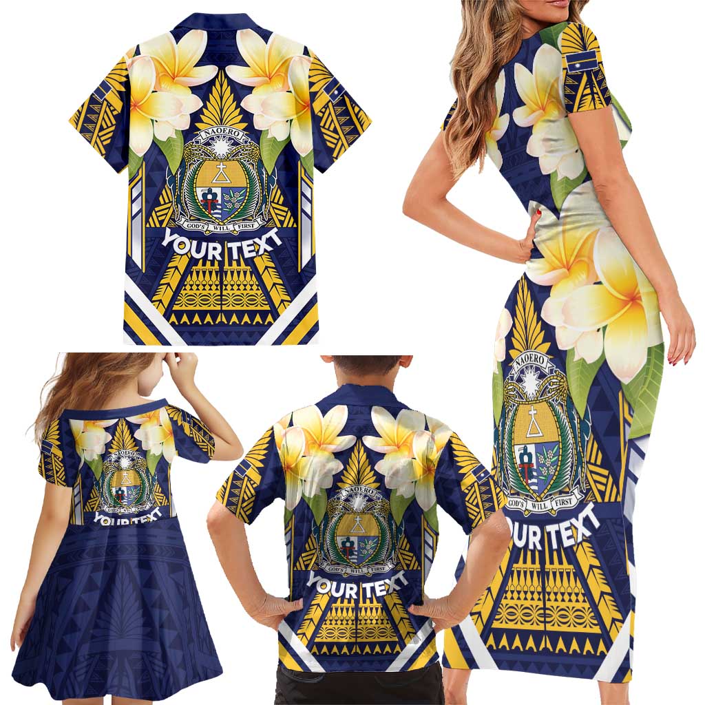 Personalised Nauru Independence Day Family Matching Short Sleeve Bodycon Dress and Hawaiian Shirt Coat Of Arms With Plumeria - Polynesian Pride