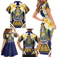 Personalised Nauru Independence Day Family Matching Short Sleeve Bodycon Dress and Hawaiian Shirt Coat Of Arms With Plumeria - Polynesian Pride