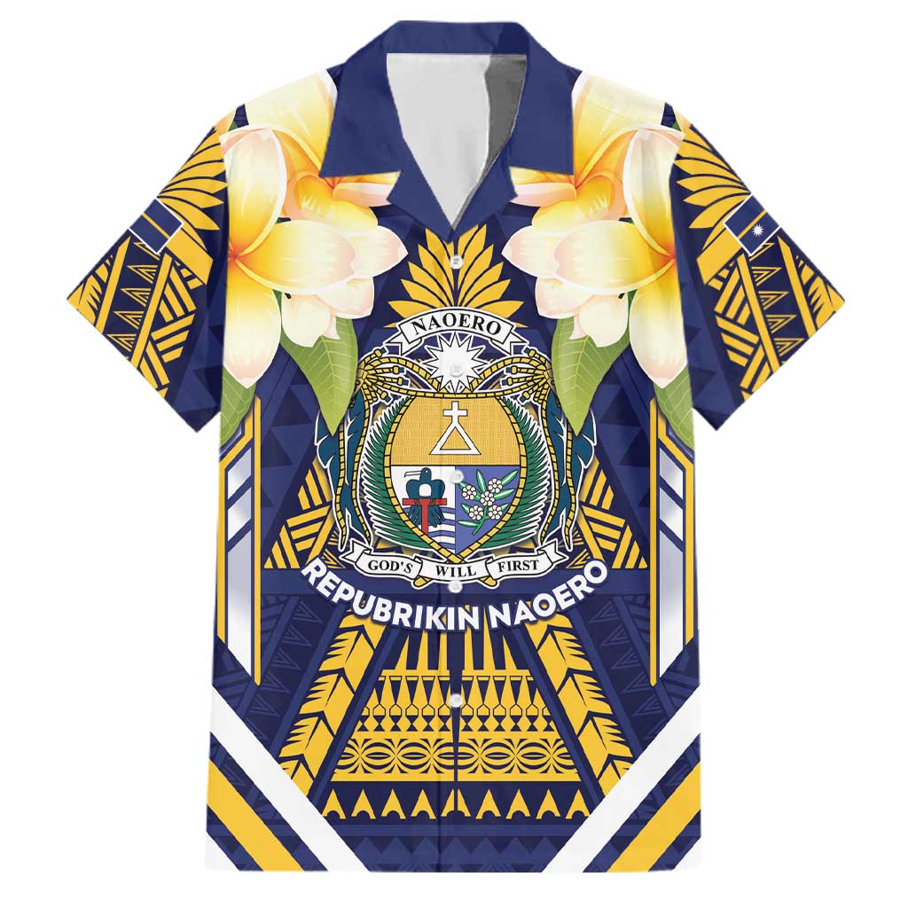 Personalised Nauru Independence Day Family Matching Short Sleeve Bodycon Dress and Hawaiian Shirt Coat Of Arms With Plumeria - Polynesian Pride