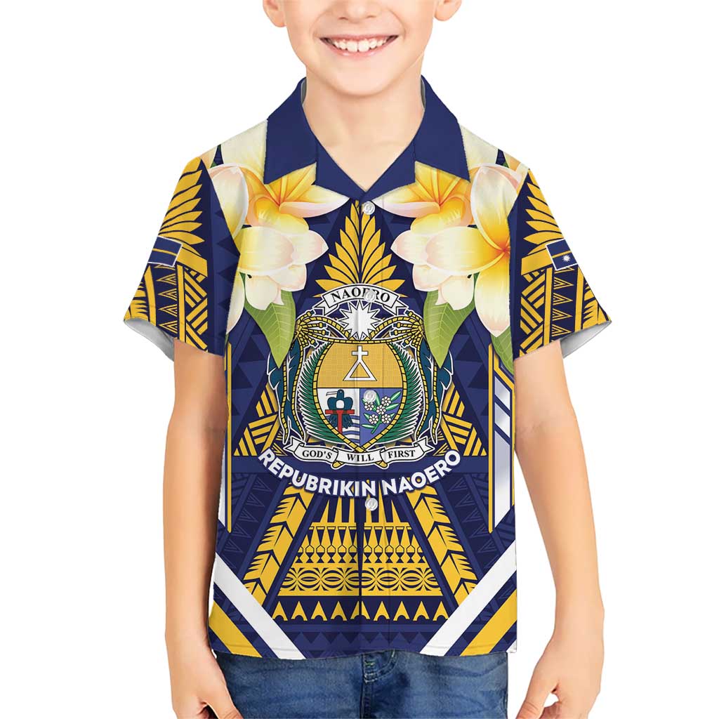 Personalised Nauru Independence Day Family Matching Summer Maxi Dress and Hawaiian Shirt Coat Of Arms With Plumeria - Polynesian Pride