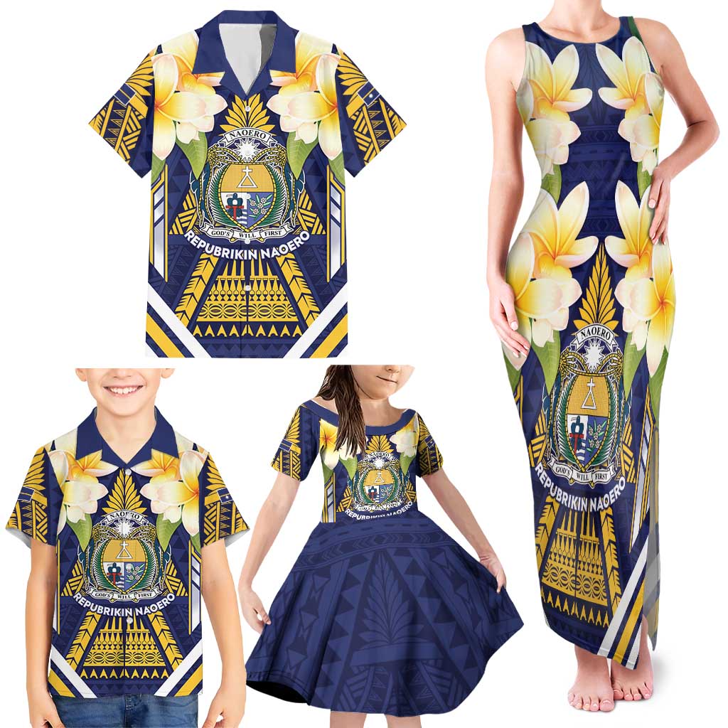 Personalised Nauru Independence Day Family Matching Tank Maxi Dress and Hawaiian Shirt Coat Of Arms With Plumeria - Polynesian Pride