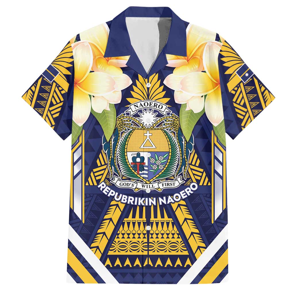 Personalised Nauru Independence Day Hawaiian Shirt Coat Of Arms With Plumeria LT05 Navy - Polynesian Pride