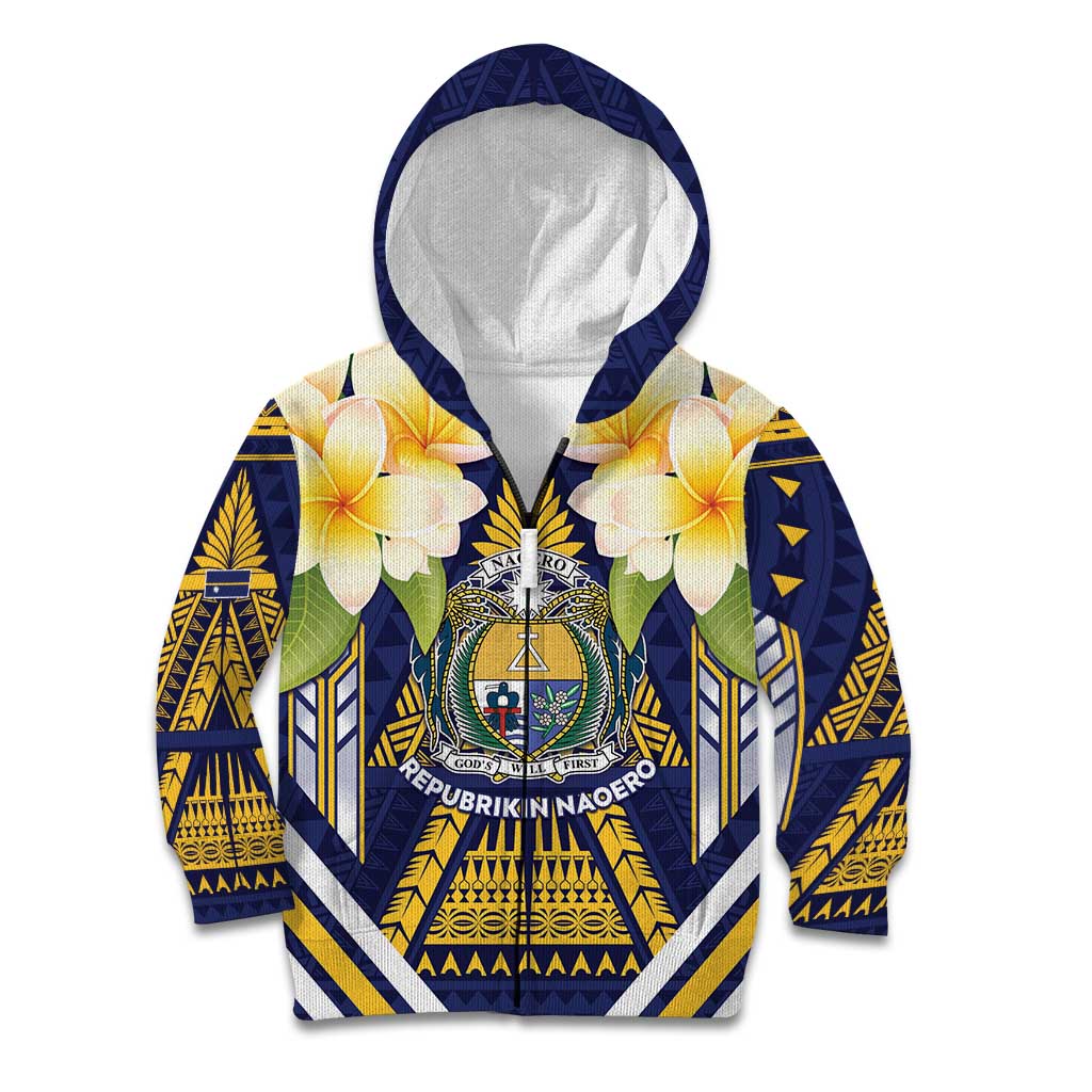 Personalised Nauru Independence Day Kid Hoodie Coat Of Arms With Plumeria LT05 Zip Hoodie Navy - Polynesian Pride