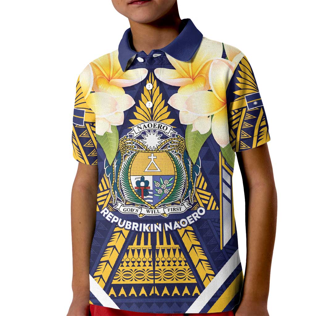Personalised Nauru Independence Day Kid Polo Shirt Coat Of Arms With Plumeria - Polynesian Pride
