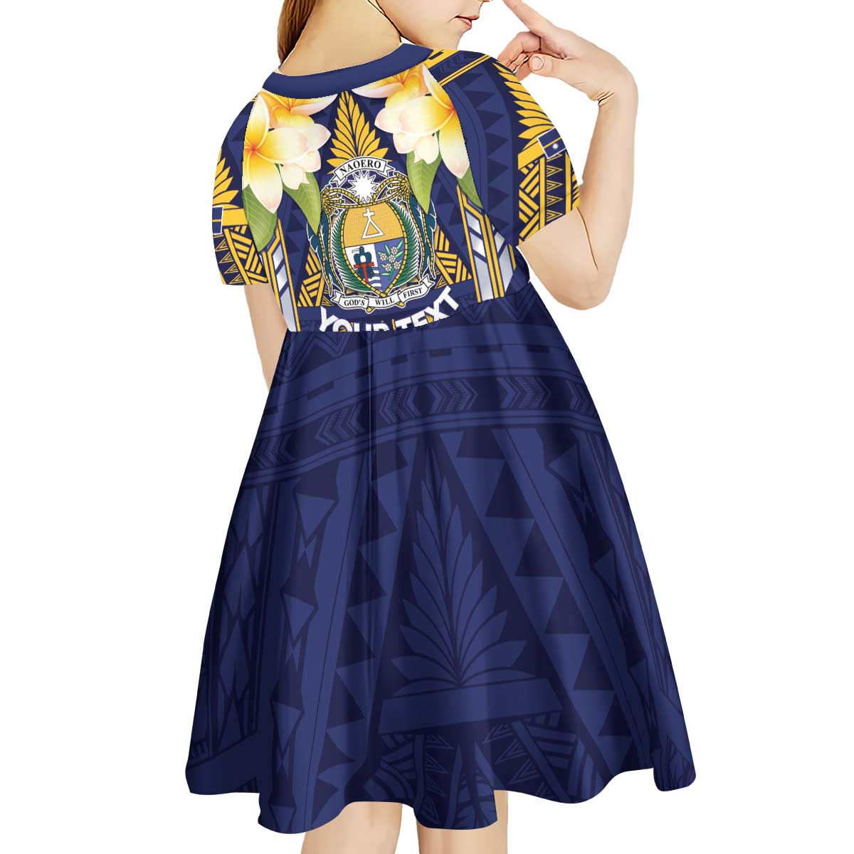 Personalised Nauru Independence Day Kid Short Sleeve Dress Coat Of Arms With Plumeria - Polynesian Pride
