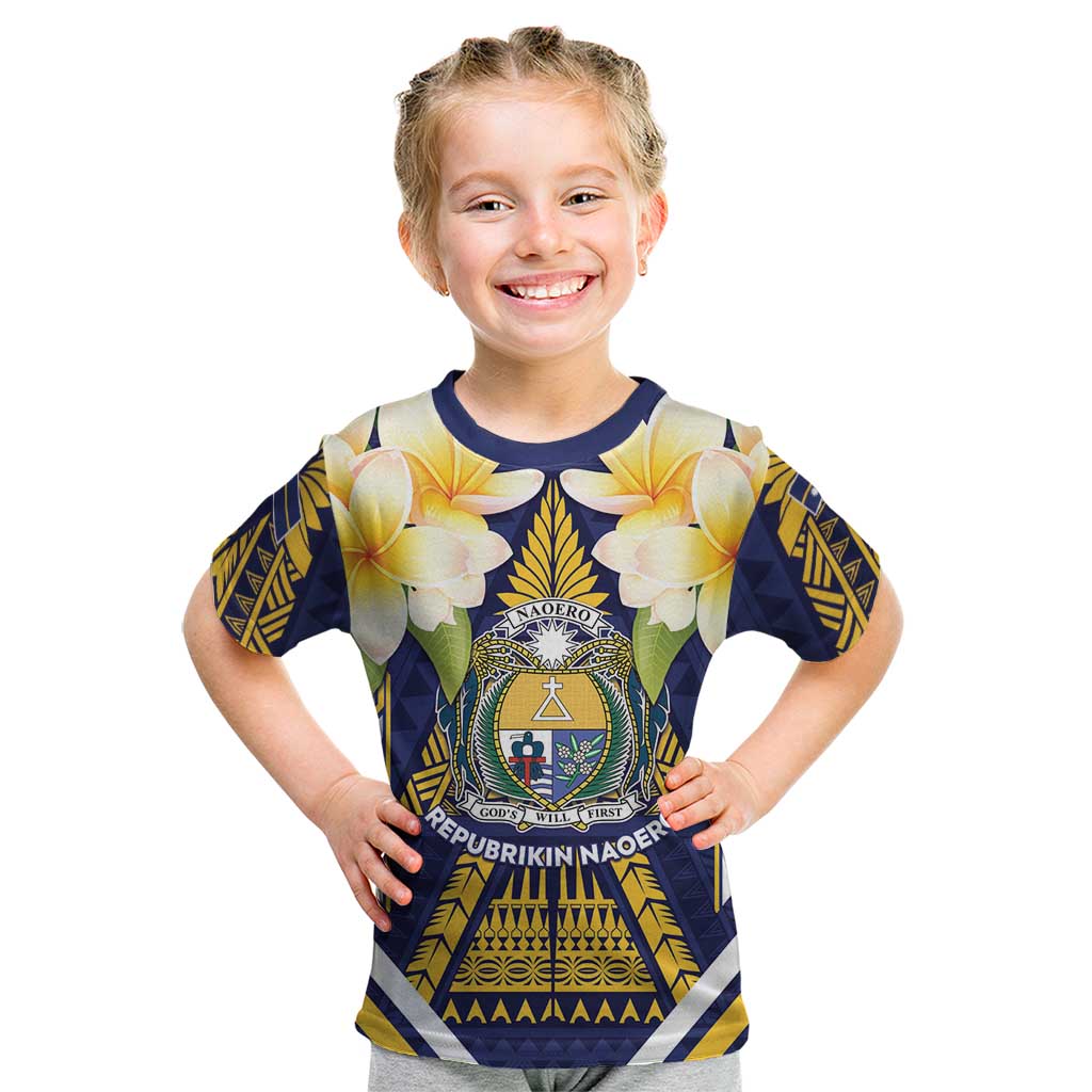 Personalised Nauru Independence Day Kid T Shirt Coat Of Arms With Plumeria LT05 Navy - Polynesian Pride