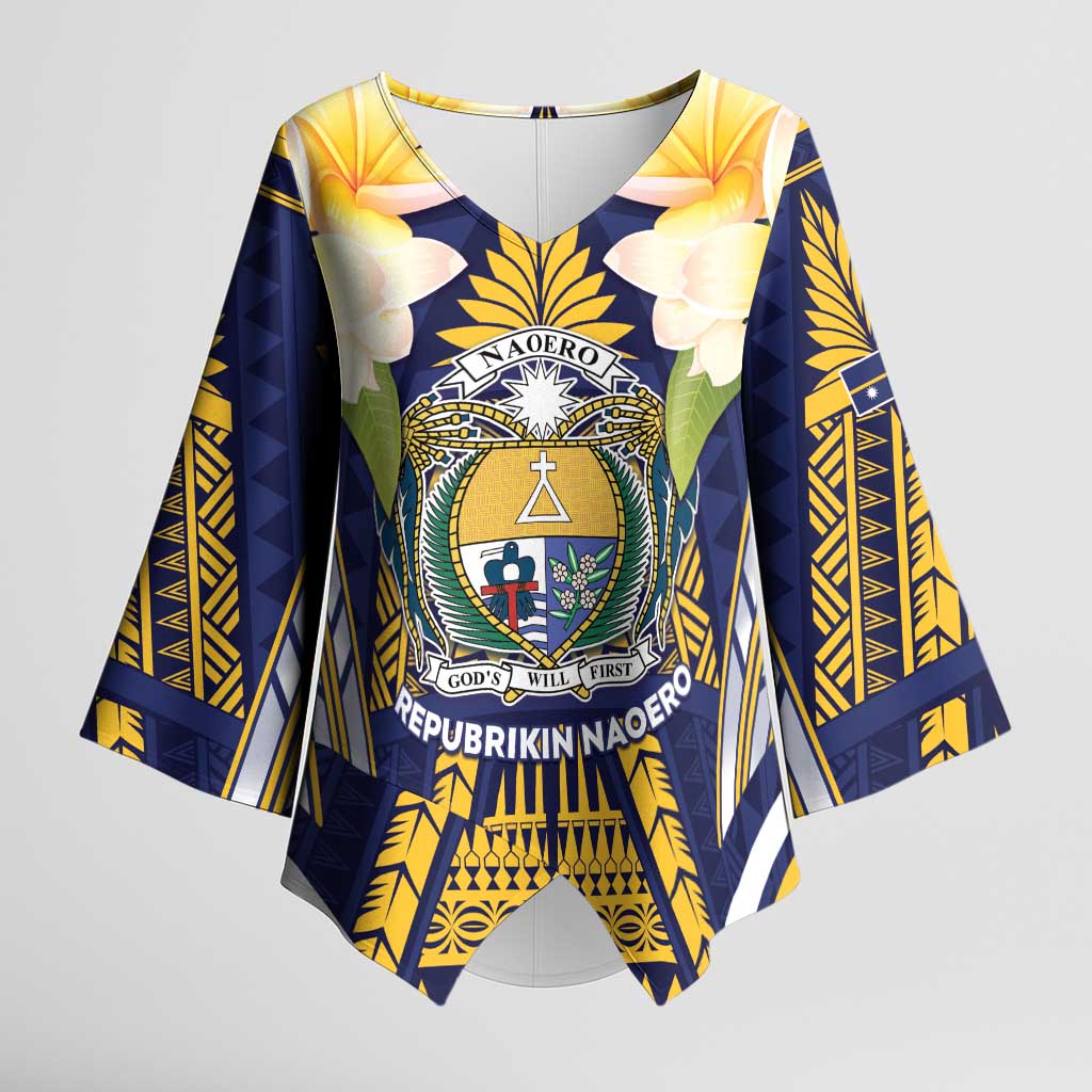 Personalised Nauru Independence Day Kimono Sleeve Blouse Coat Of Arms With Plumeria LT05 Female Navy - Polynesian Pride