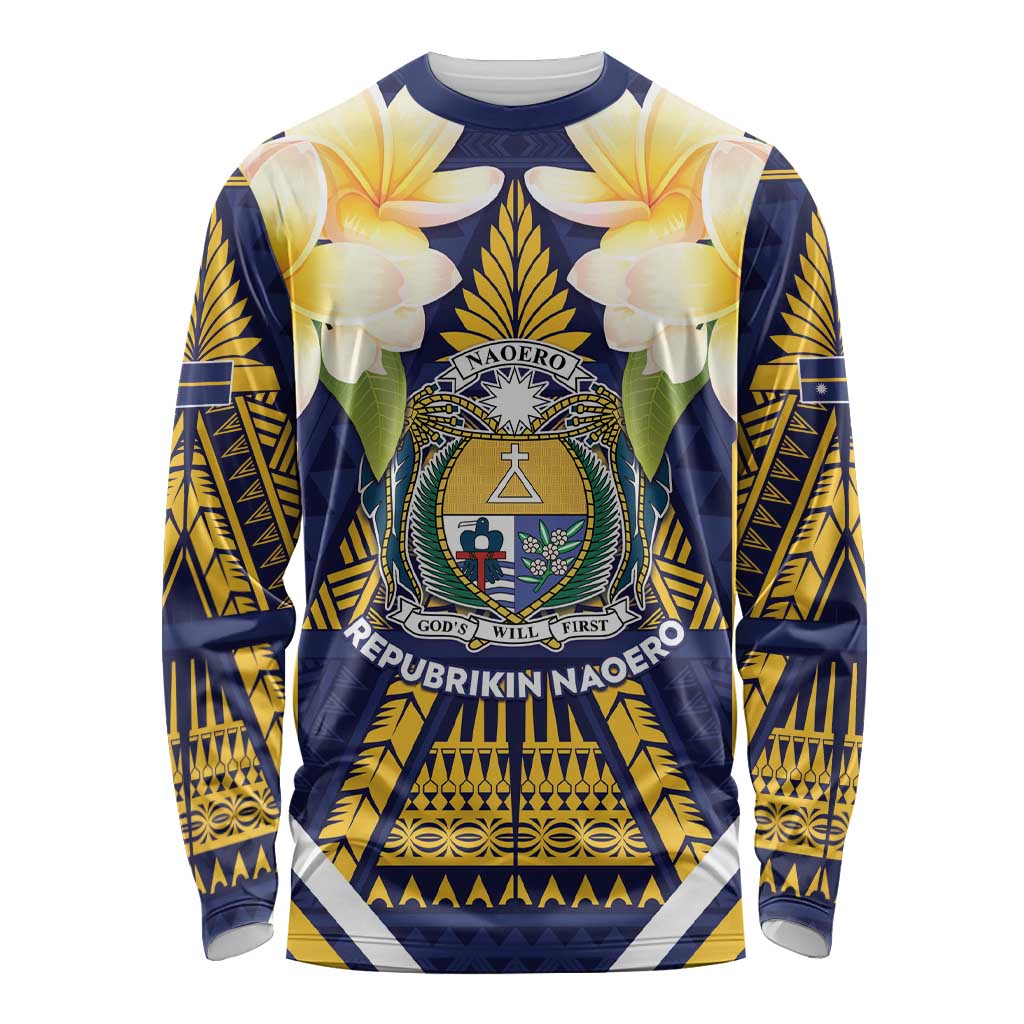 Personalised Nauru Independence Day Long Sleeve Shirt Coat Of Arms With Plumeria LT05 Unisex Navy - Polynesian Pride