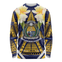 Personalised Nauru Independence Day Long Sleeve Shirt Coat Of Arms With Plumeria LT05 Unisex Navy - Polynesian Pride