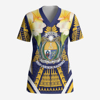 Personalised Nauru Independence Day Scrub Top Coat Of Arms With Plumeria LT05 Adult Navy - Polynesian Pride