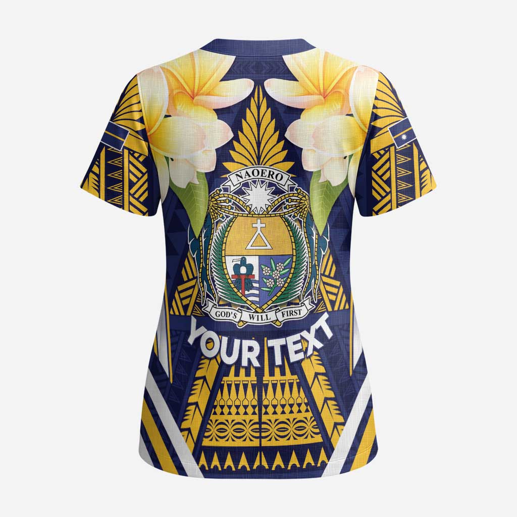 Personalised Nauru Independence Day Scrub Top Coat Of Arms With Plumeria LT05 - Polynesian Pride