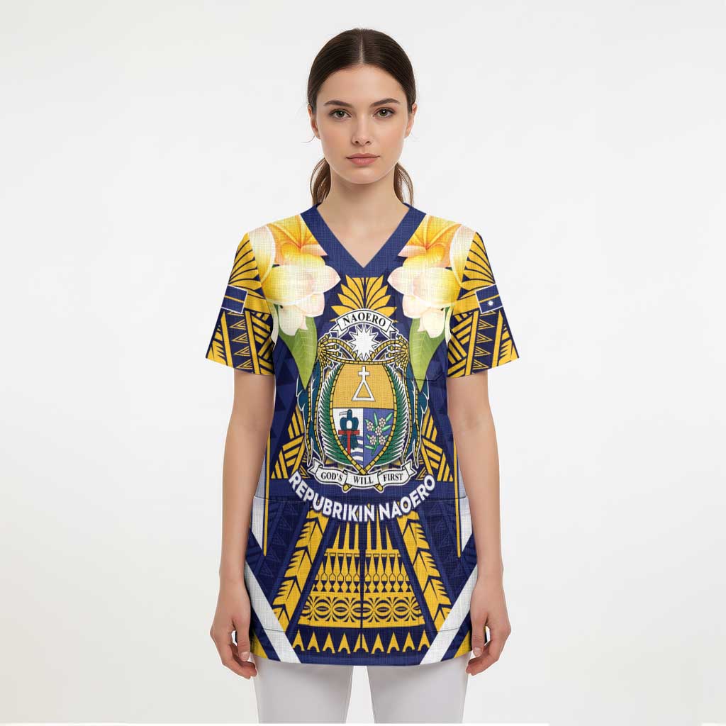 Personalised Nauru Independence Day Scrub Top Coat Of Arms With Plumeria LT05 - Polynesian Pride