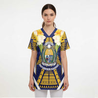 Personalised Nauru Independence Day Scrub Top Coat Of Arms With Plumeria LT05 - Polynesian Pride