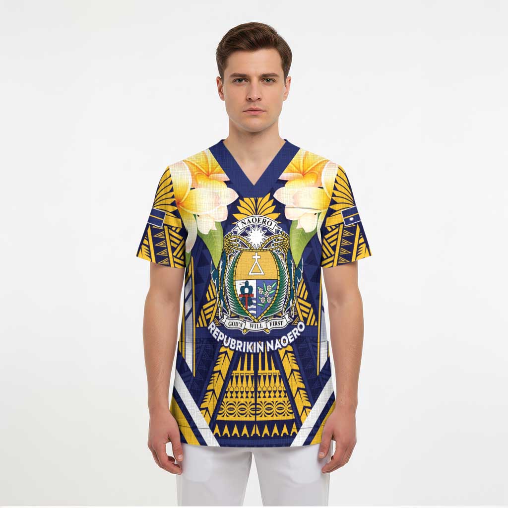 Personalised Nauru Independence Day Scrub Top Coat Of Arms With Plumeria LT05 - Polynesian Pride