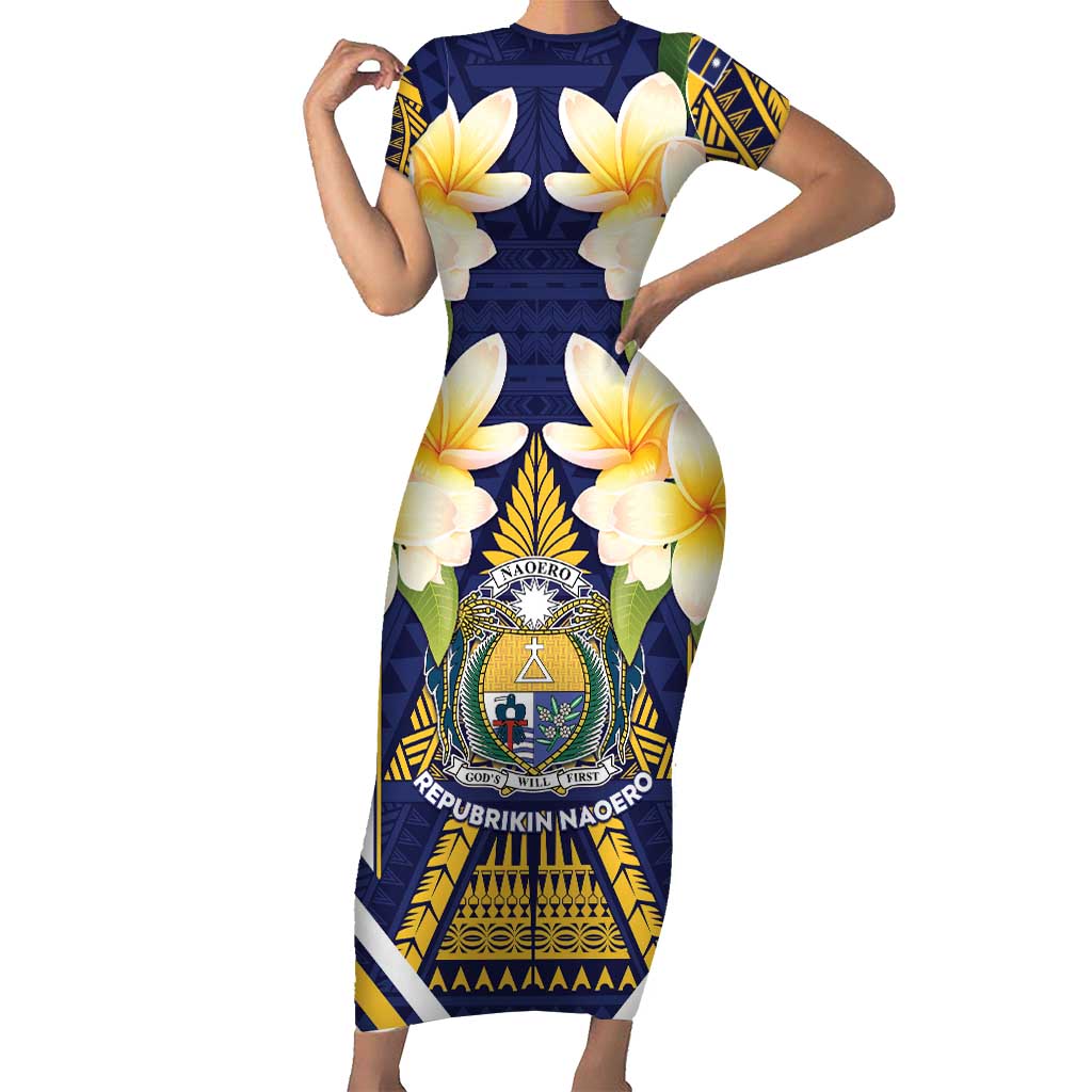 Personalised Nauru Independence Day Short Sleeve Bodycon Dress Coat Of Arms With Plumeria - Polynesian Pride