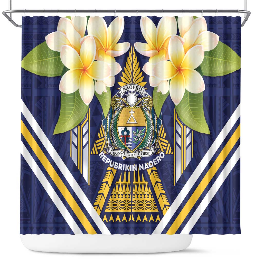Nauru Independence Day Shower Curtain Coat Of Arms With Plumeria LT05 Navy - Polynesian Pride