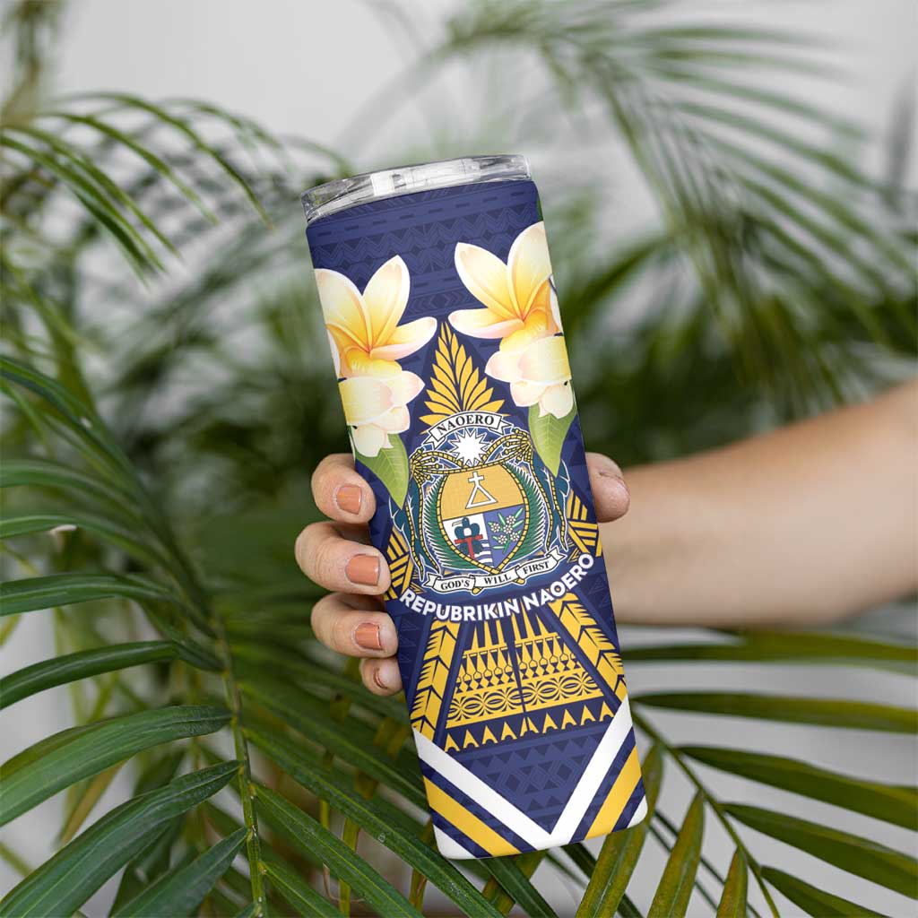 Personalised Nauru Independence Day Skinny Tumbler Coat Of Arms With Plumeria - Polynesian Pride