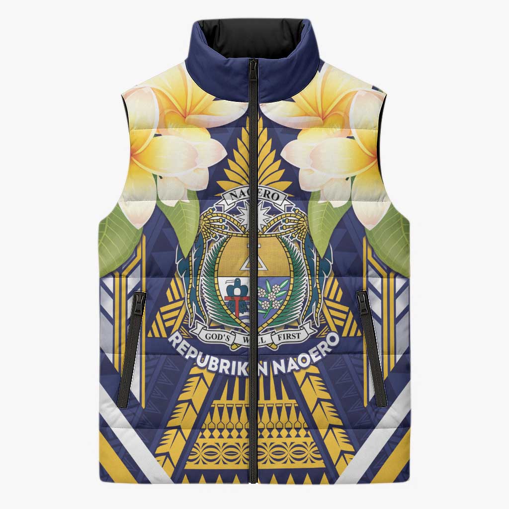 Personalised Nauru Independence Day Sleeveless Puffer Jacket Coat Of Arms With Plumeria LT05 Unisex Navy - Polynesian Pride