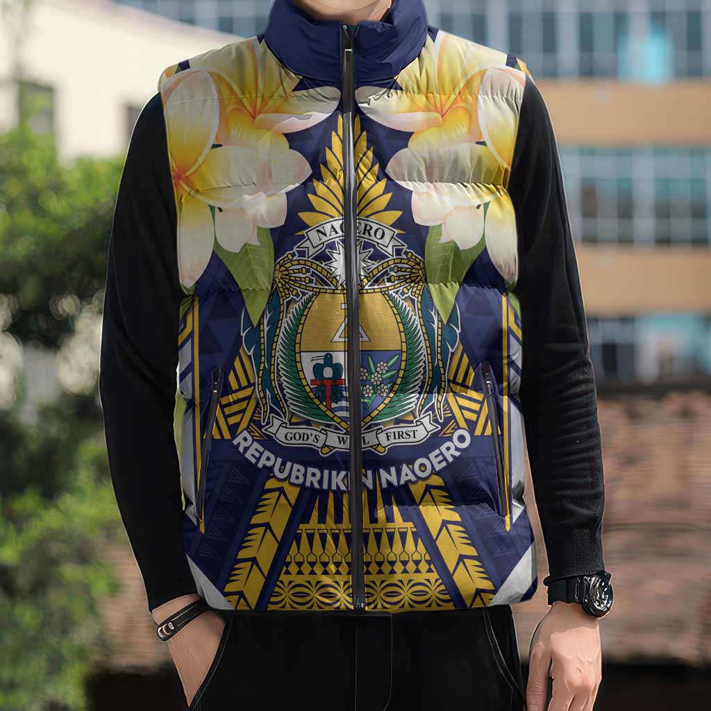 Personalised Nauru Independence Day Sleeveless Puffer Jacket Coat Of Arms With Plumeria LT05 - Polynesian Pride